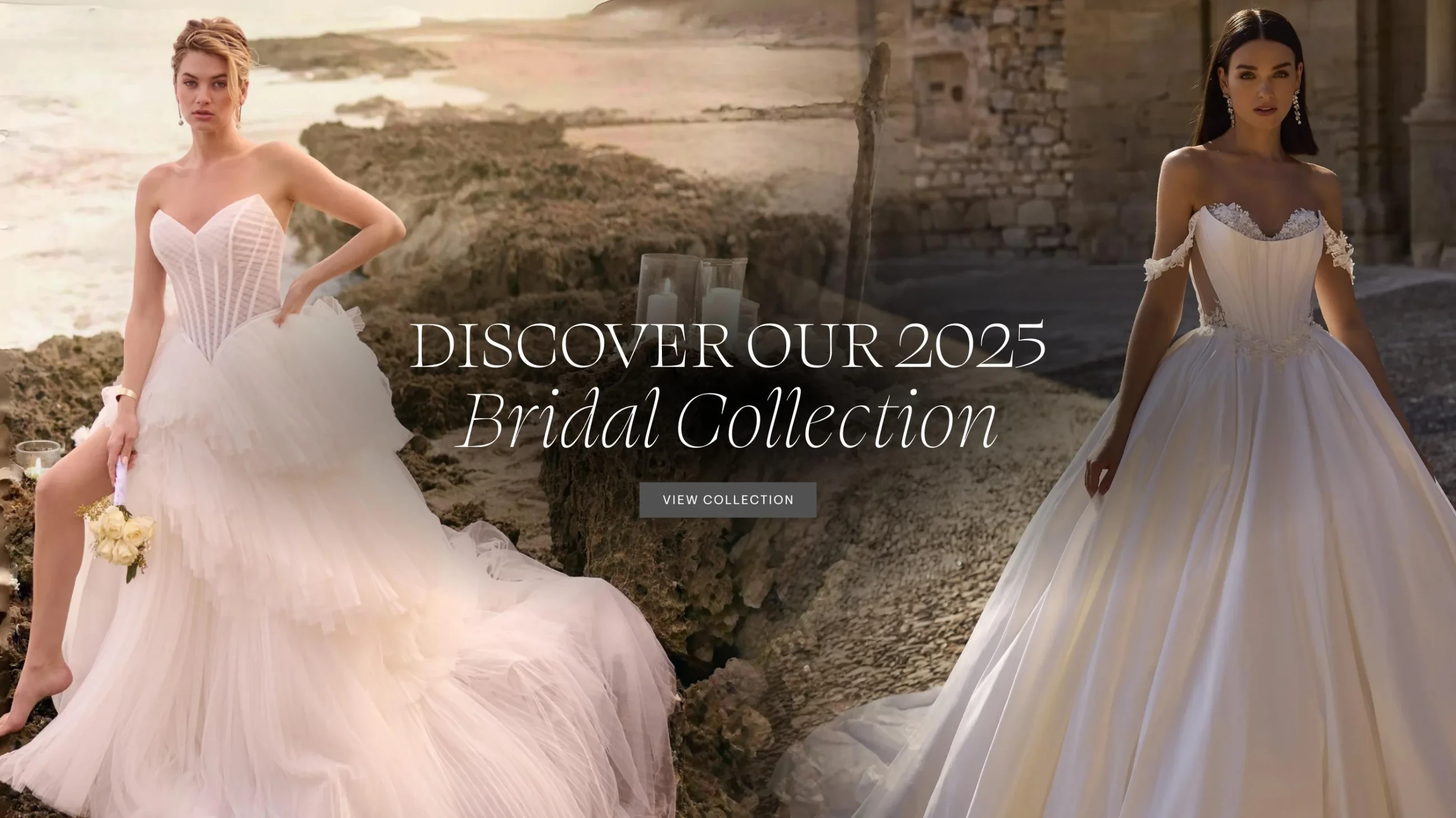 Models wearing Veni Infantino 63012 and Maggie Sottero Yurianna bridal gowns, desktop banner