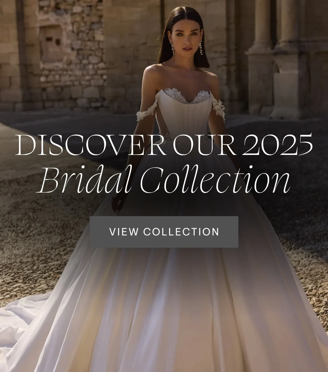 Model wearing Veni Infantino 63012 bridal gown, mobile banner