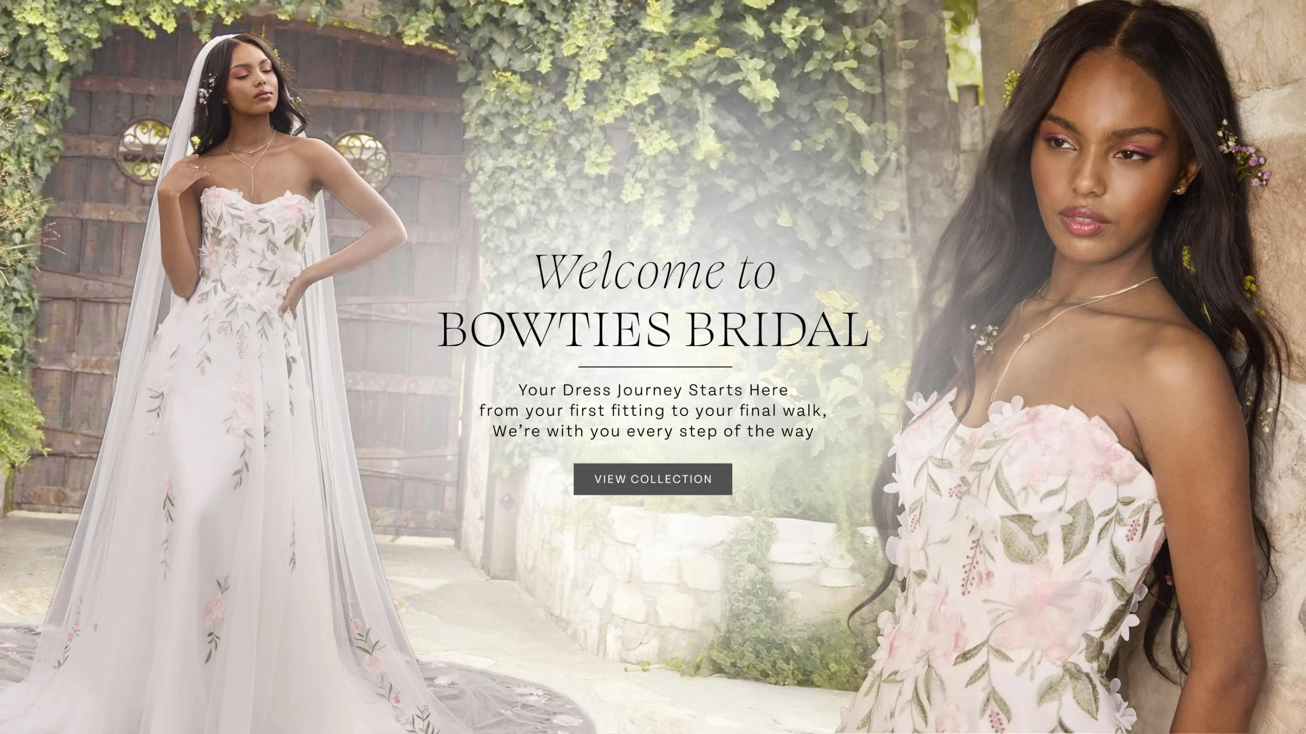 Model wearing Rebecca Ingram bridal dress, Welcome to Bowties Bridal desktop banner