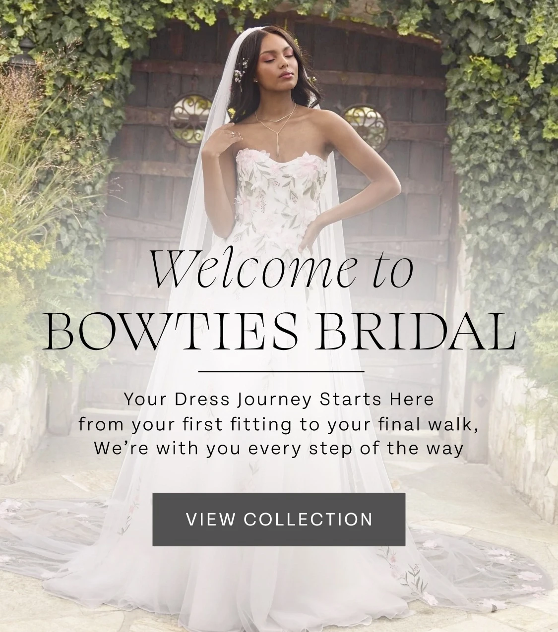Model wearing Rebecca Ingram bridal dress, Welcome to Bowties Bridal mobile banner