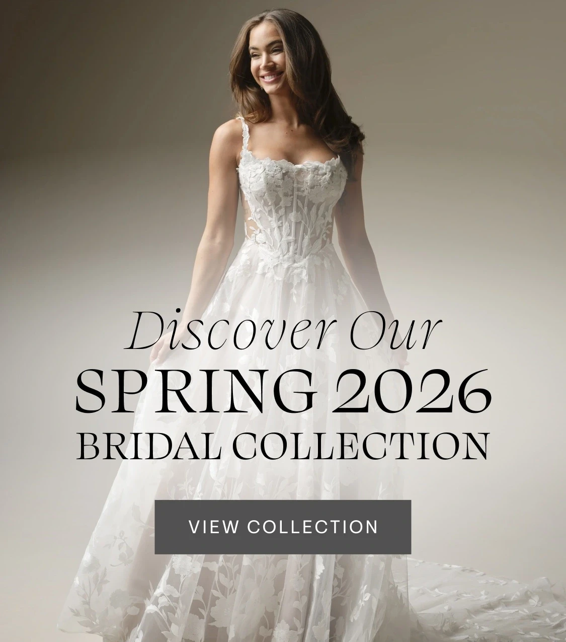 Model wearing Maggie Sottero wedding dress, mobile banner