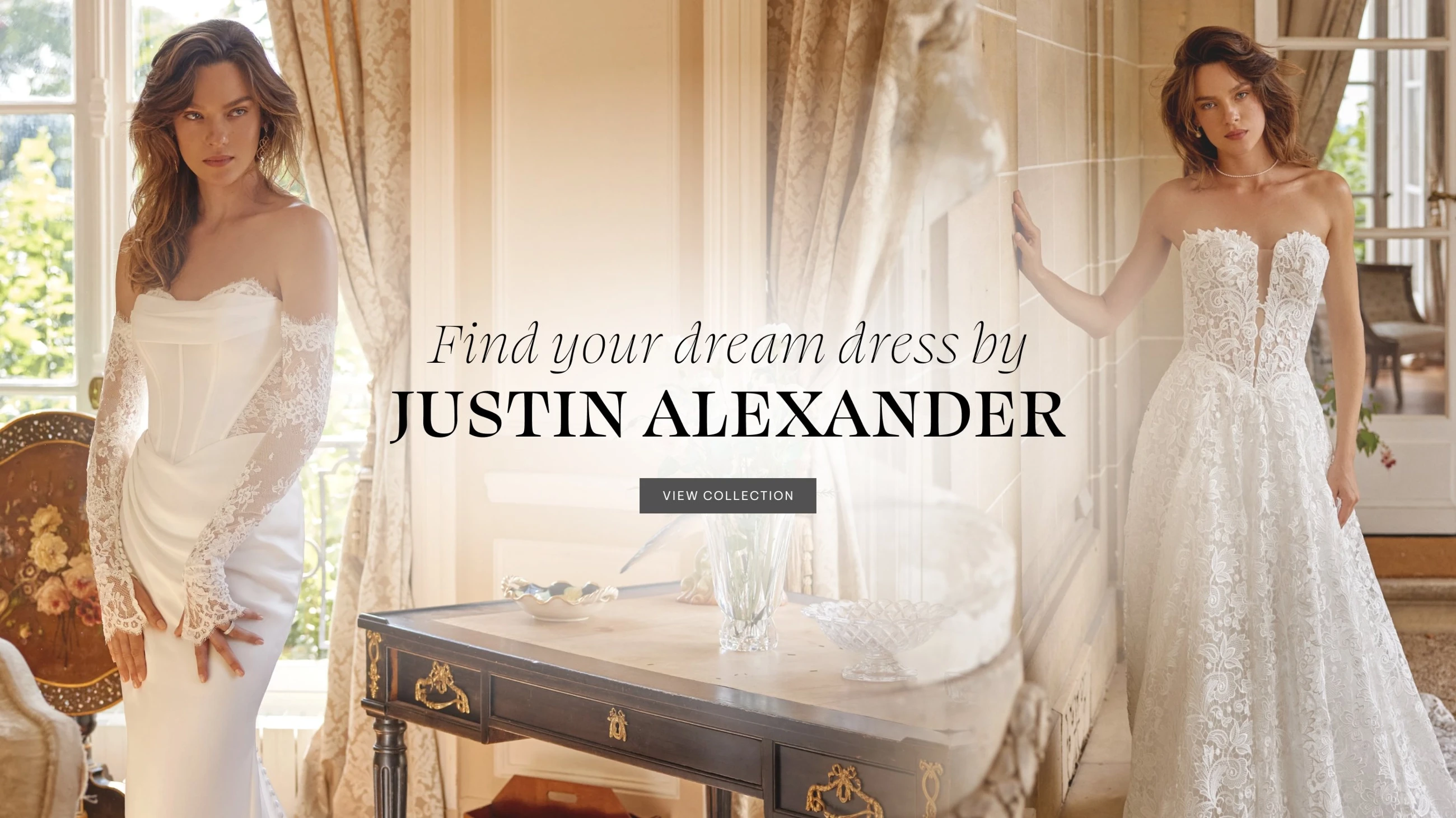 Models wearing Justin Alexander wedding dresses, desktop banner