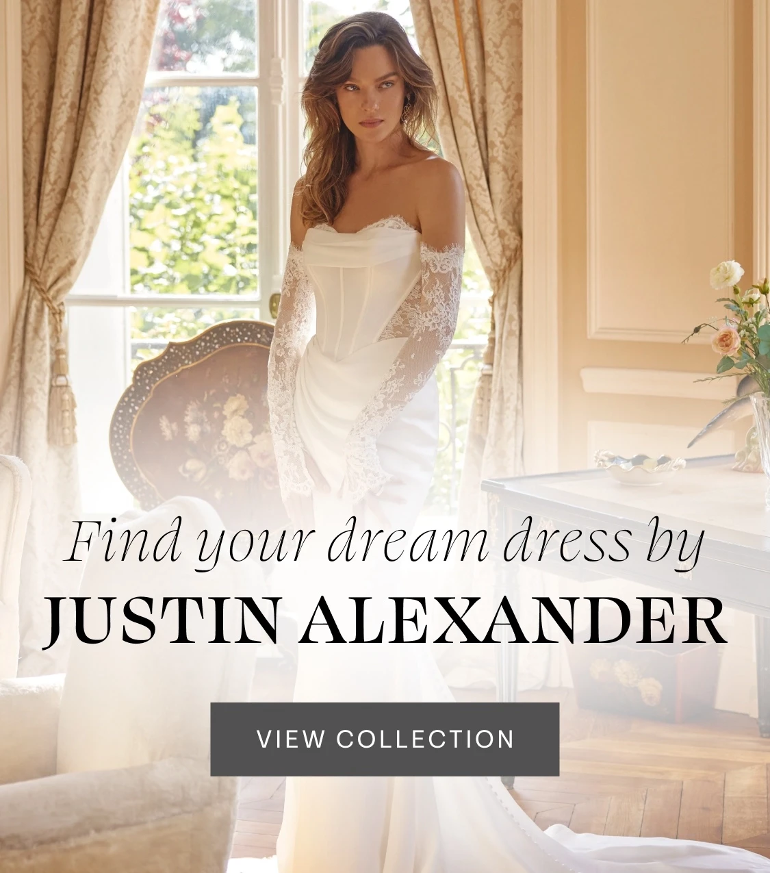 Models wearing Justin Alexander wedding dresses, mobile banner