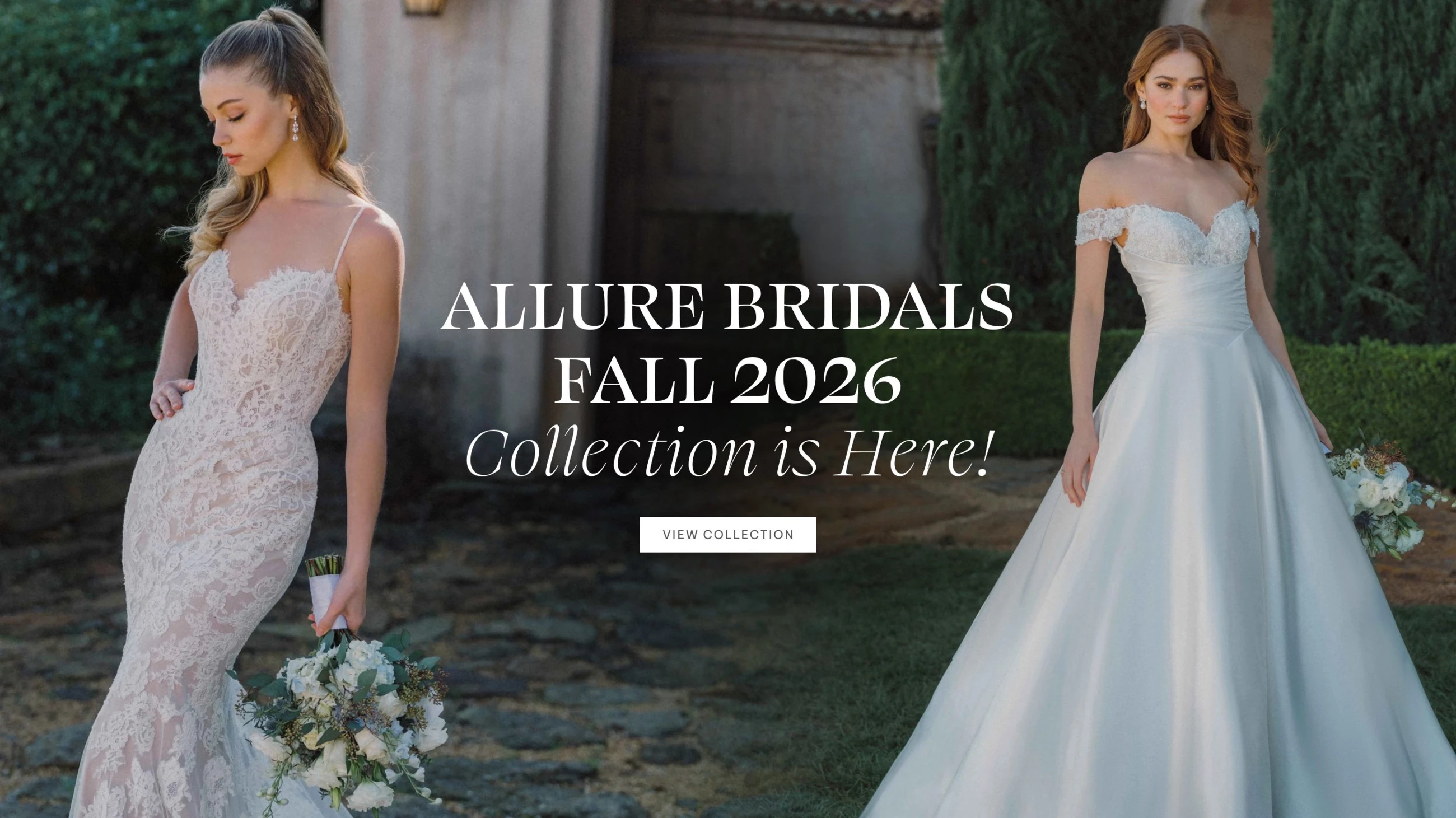 Models wearing Allure Bridals wedding dresses, desktop banner