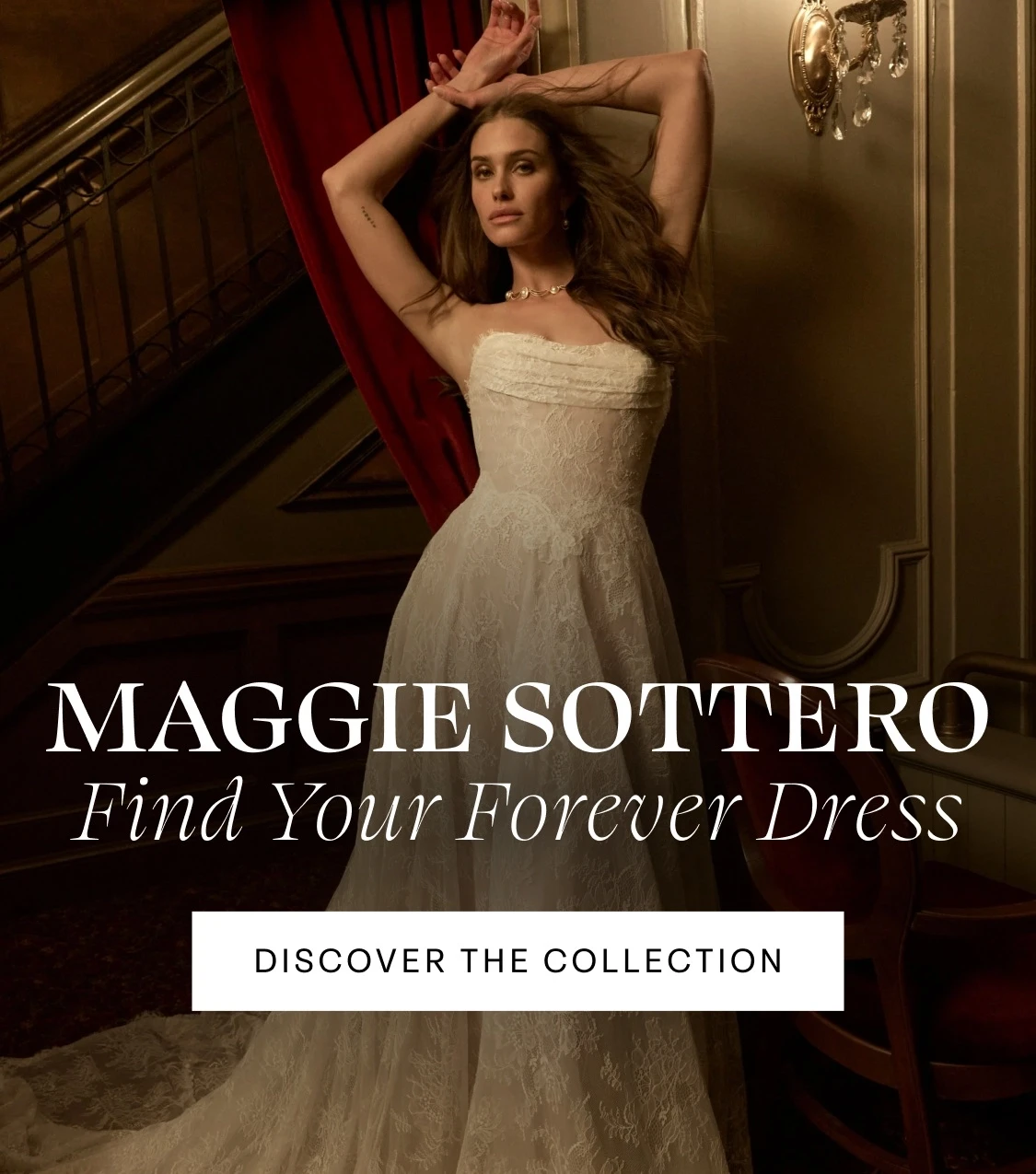 Model wearing Maggie Sottero Fall 2026 wedding dress, mobile banner